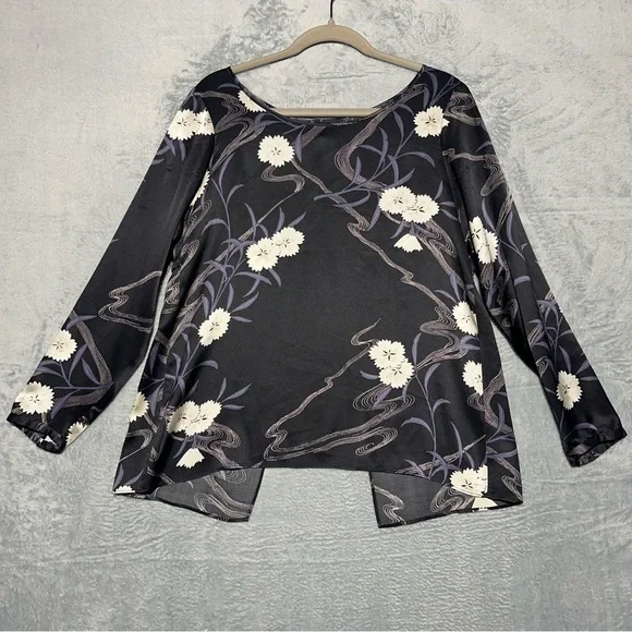 Club Monaco Briley Open-Back Black 100% Silk Floral Print Long Sleeve Blouse #44 - Picture 3 of 16